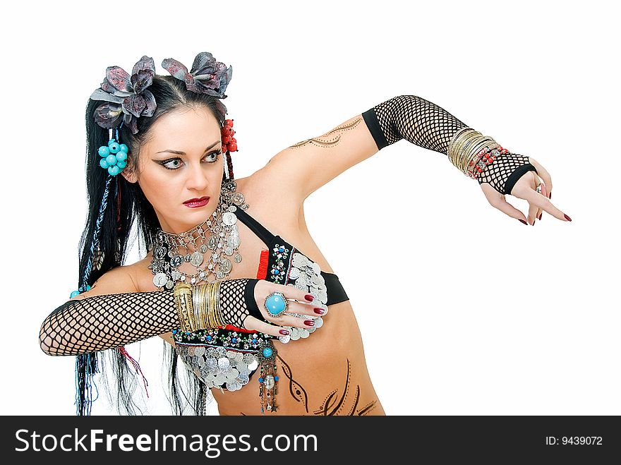 Charming beauty tribal dancer on white background. Charming beauty tribal dancer on white background