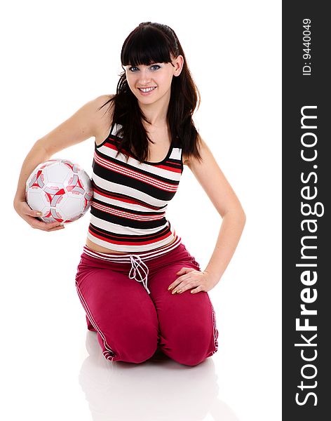 Woman with a football isolated over a white background