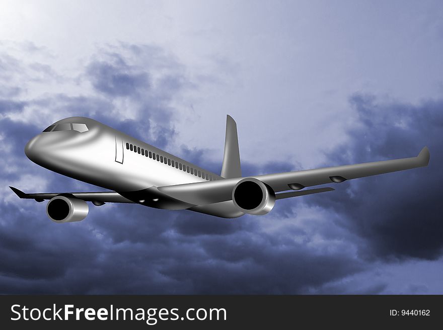 Illustration of an airplane taking off viewed from a low angle. Illustration of an airplane taking off viewed from a low angle.