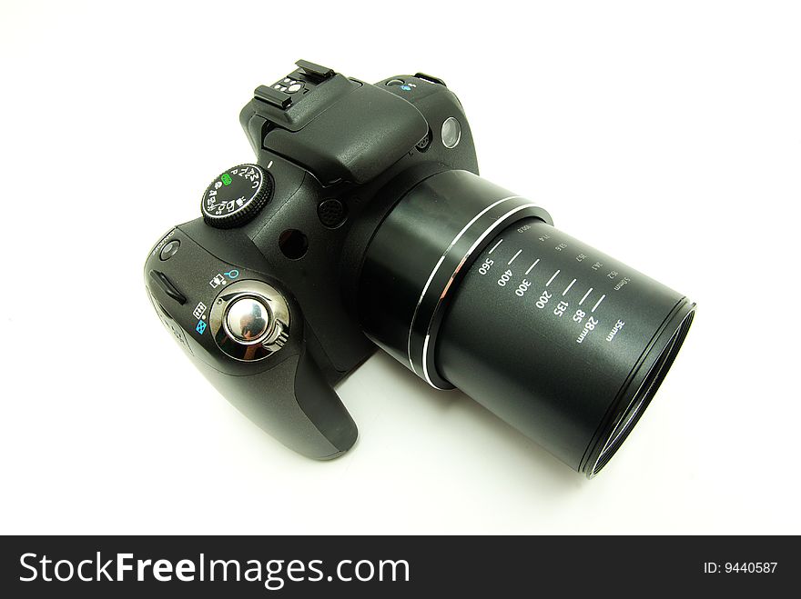 Black digital camera isolated on white