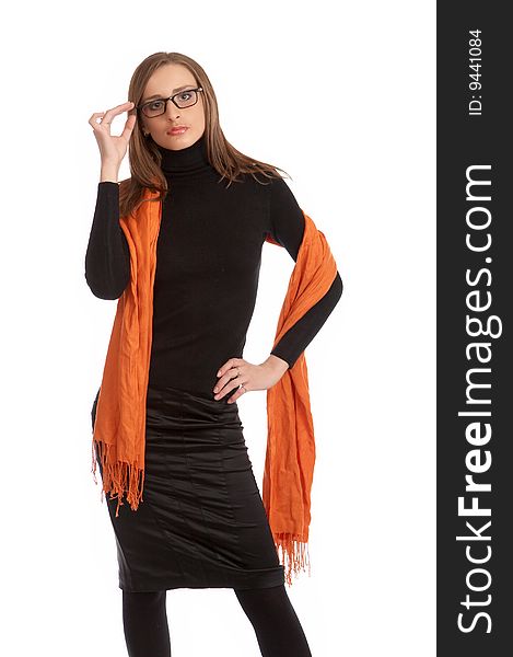 Fashion model with a orange scarf isolated on a white background