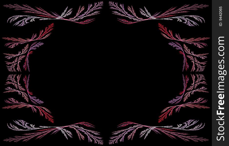 Leafy pink, red and lavender fractal frame or border with black copy space. Leafy pink, red and lavender fractal frame or border with black copy space.