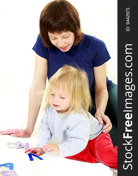 Mother and daughter portrait over white