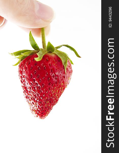 Fresh strawberry in hand on a white background