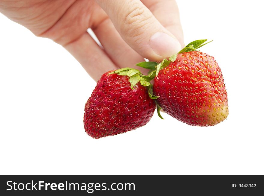 Fresh strawberry in hand on a white background