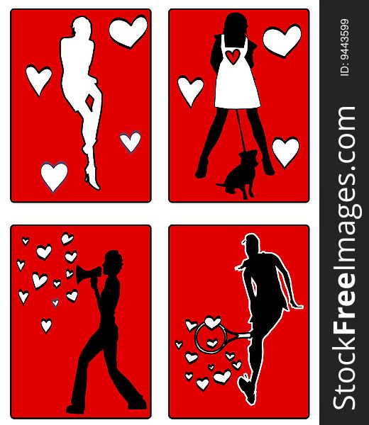 Four women active silhouettes with hearts. Four women active silhouettes with hearts