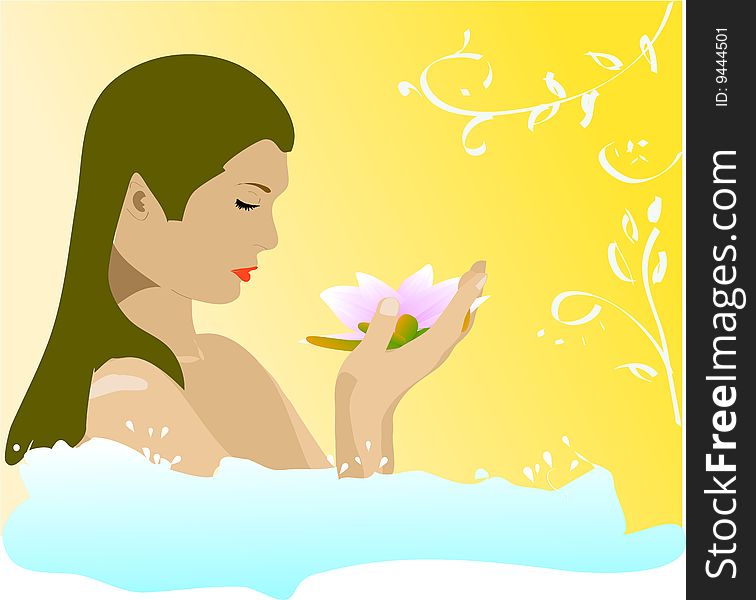 Pretty girl relaxed in bathroom with lotus flower. Vector illustration. Pretty girl relaxed in bathroom with lotus flower. Vector illustration.