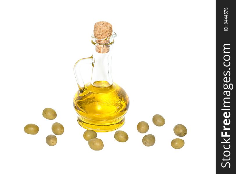 Bottle of olive oil and olive fruits isolated on white background