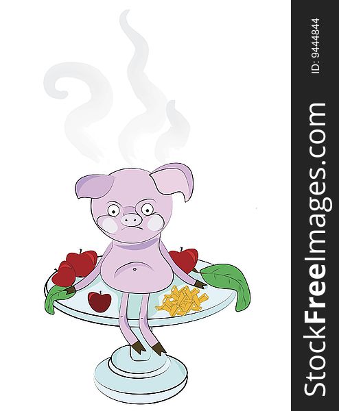 Evil pig is sitting on a plate and cools down. Evil pig is sitting on a plate and cools down