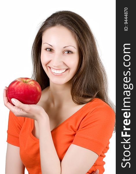Woman eating apple on a white background