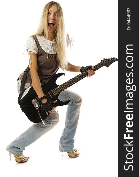 The shouting girl with black guitar. isolated over white background
