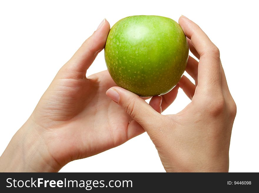 Hand with an apple, isolated on the white. Hand with an apple, isolated on the white