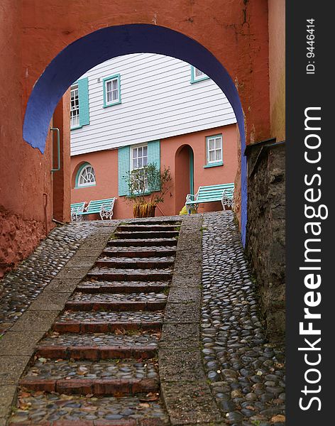 Cobbled steps leading up to buildings in portmeirion, North Wales.