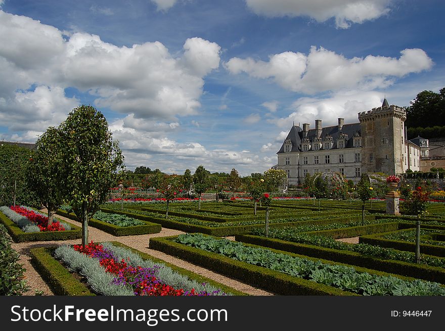 Chateau Villandry, Loire Valley, France. In summer looking across the formal gardens. Chateau Villandry, Loire Valley, France. In summer looking across the formal gardens.