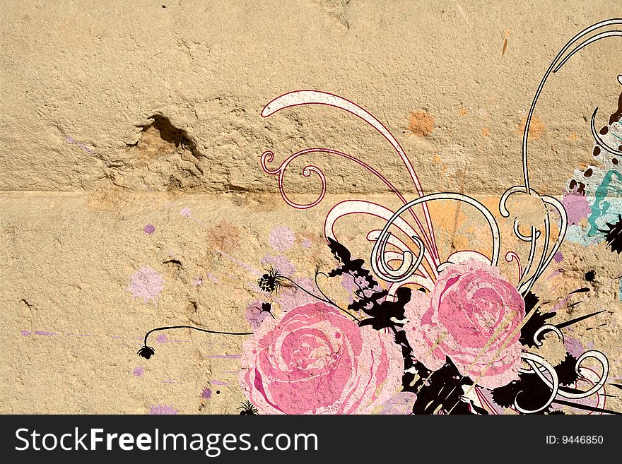 Illustration of roses and retro patterns on stone