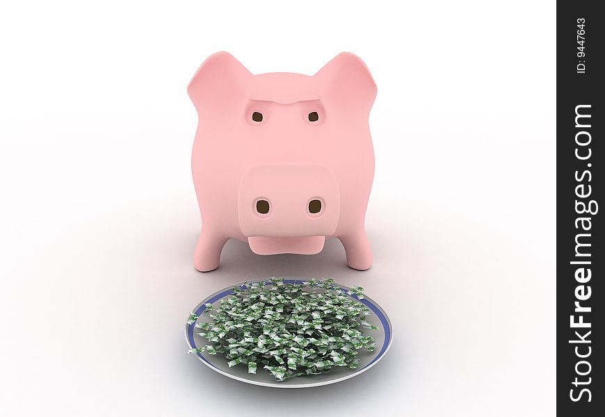 Pig before a plate on which money lies. Pig before a plate on which money lies