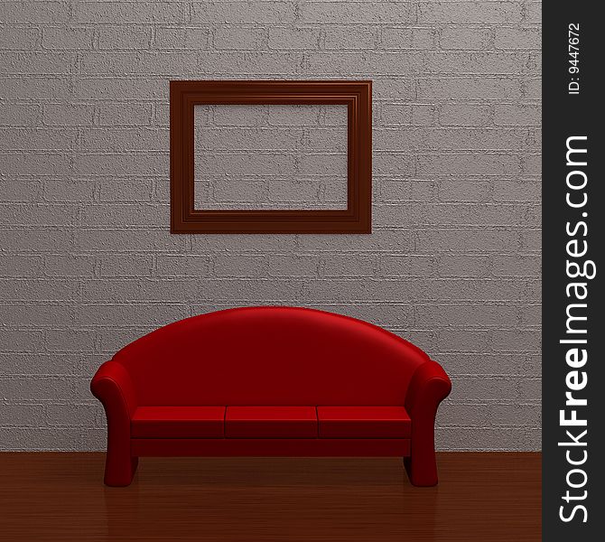 Red couch with empty frame in minimalist interior