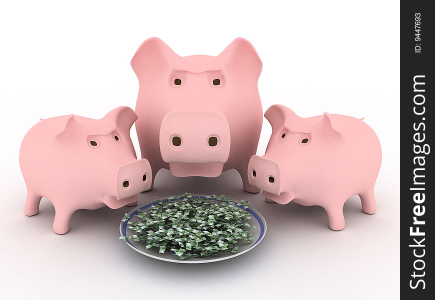 Pig before a plate on which money lies. Pig before a plate on which money lies
