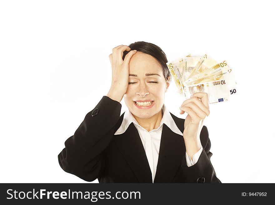 Photo of a depressed young business woman holding currency notes. Photo of a depressed young business woman holding currency notes