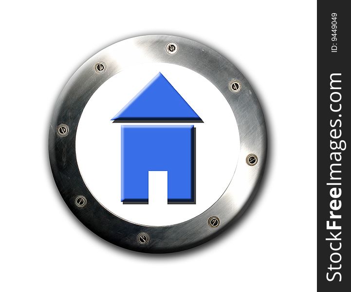 Blue house symbol on chrome round background