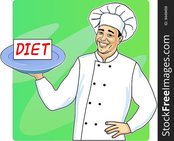 Vector illustration of cook with plate and diet menu