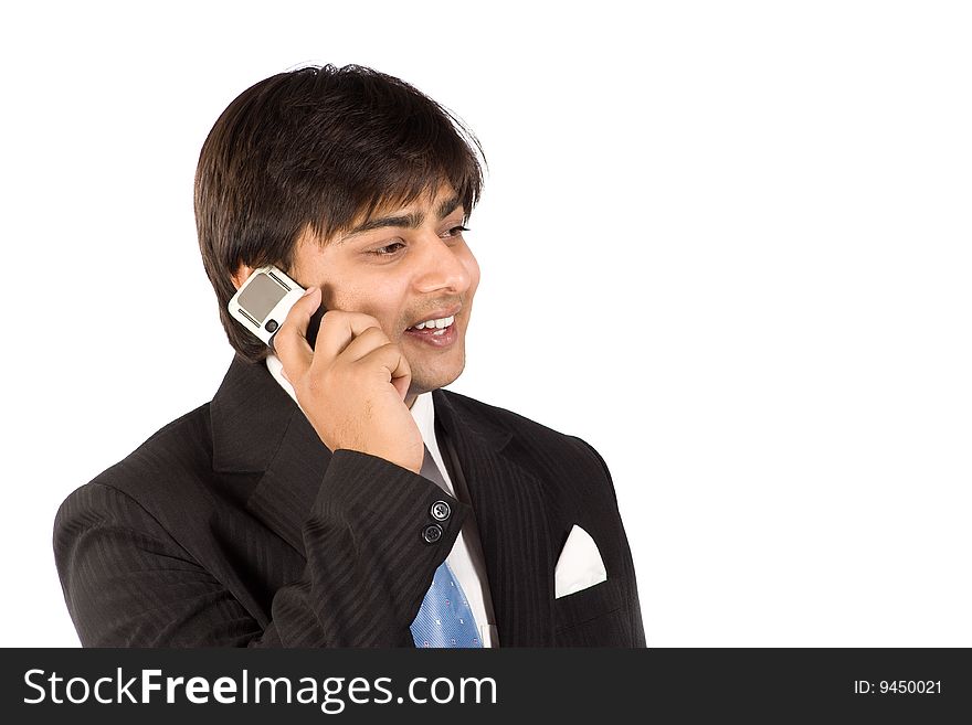 Business man in professional black suit call to somebody with cell phone. Business man in professional black suit call to somebody with cell phone