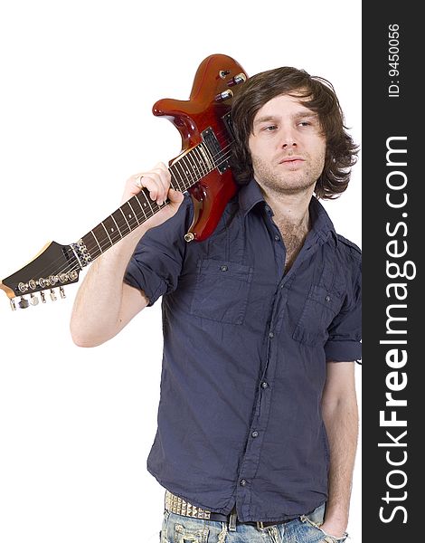 Guitarist holding the guitar on his shoulder