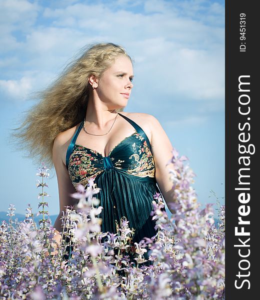 Beautiful girl with long hair at sage field. Beautiful girl with long hair at sage field