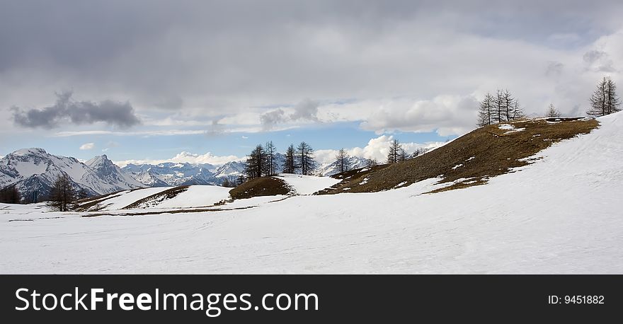 Winter mountains blue sky snow