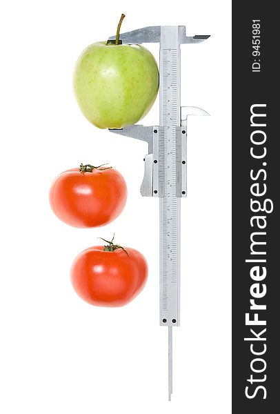 Trimmel with apple and tomato isolated on white. Clipping paths