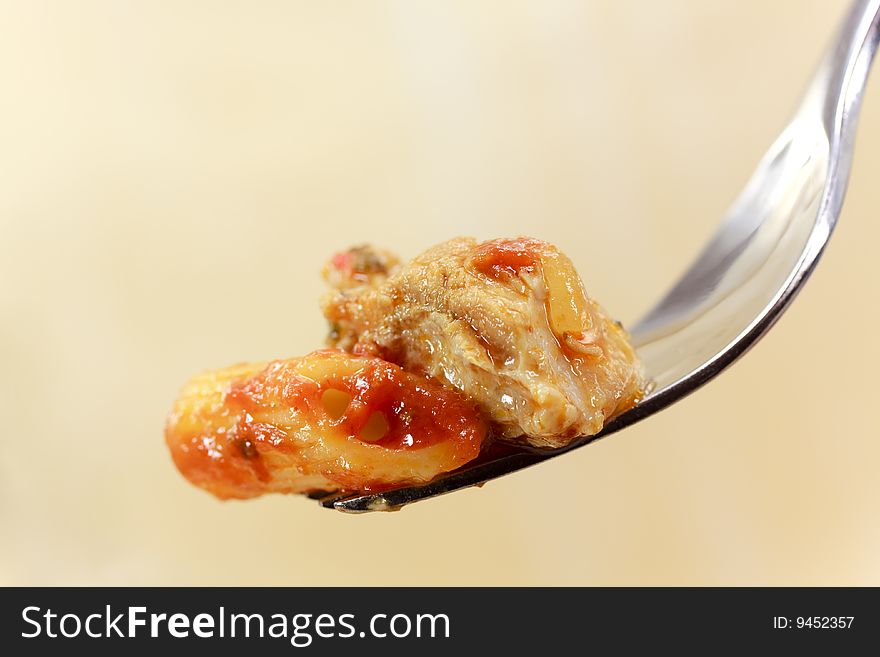 Goulash meat with penne noodles.