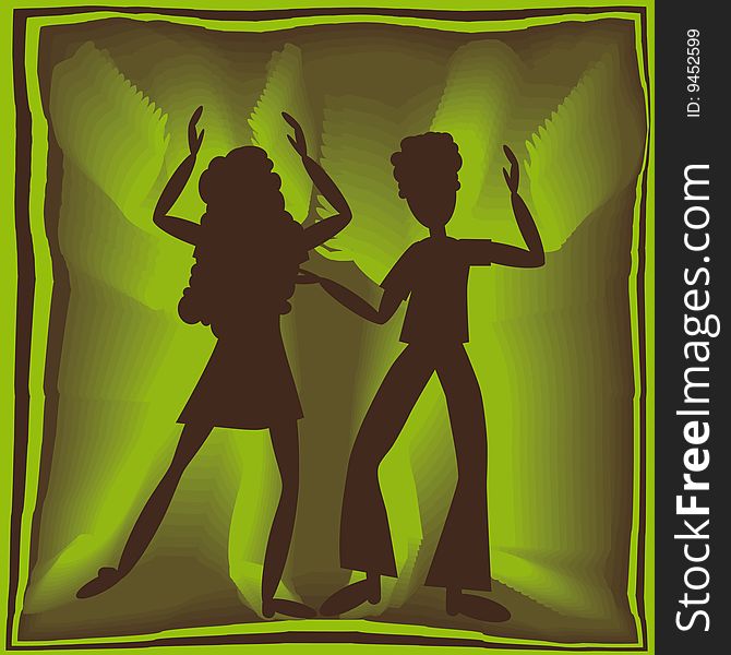 Retro couple dancing in green light with brown background. Retro couple dancing in green light with brown background