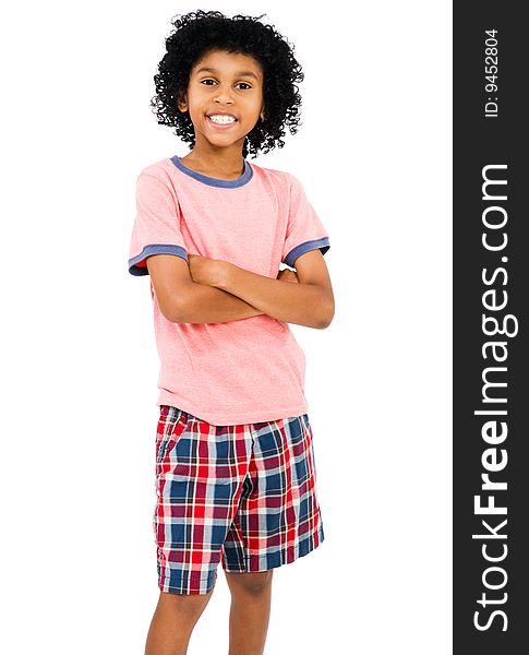 Child standing with his arms crossed isolated over white