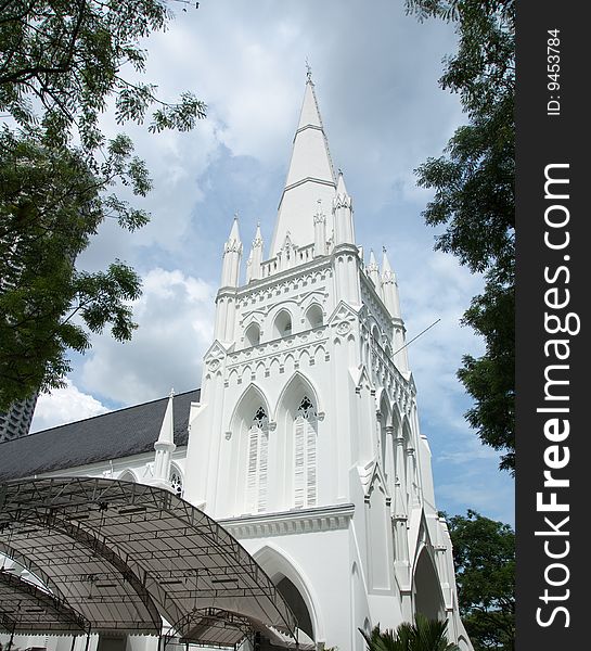 Modern white church exterior in tropical with tree