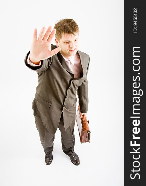 Young business man with bag on white bakcground