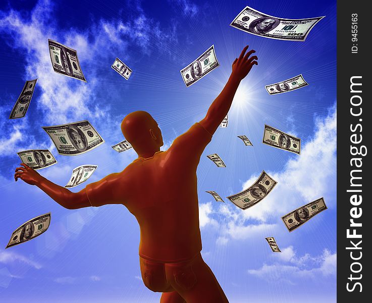 Catching money on the sky 3d illustration