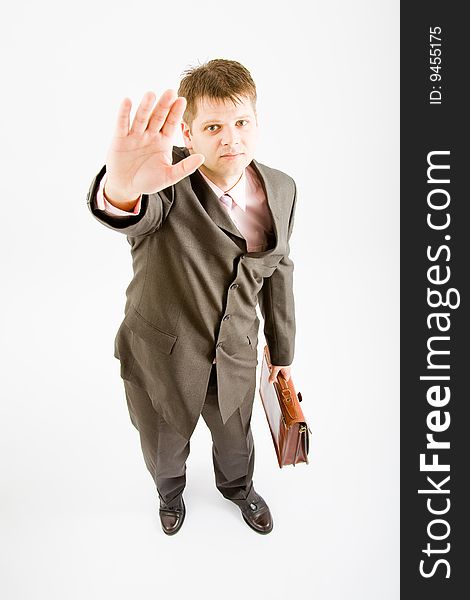 Young business man with bag on white bakcground