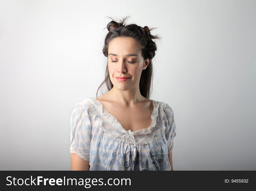 Sleepy woman in robe isolated