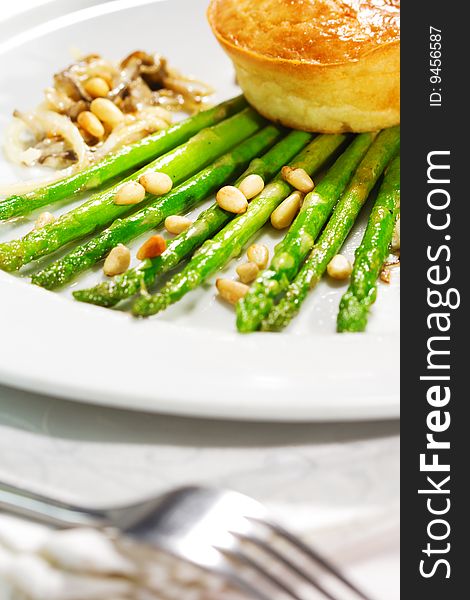 Appetizer - Goat's milk Cheese Pate on Fresh Asparagus with Mushrooms