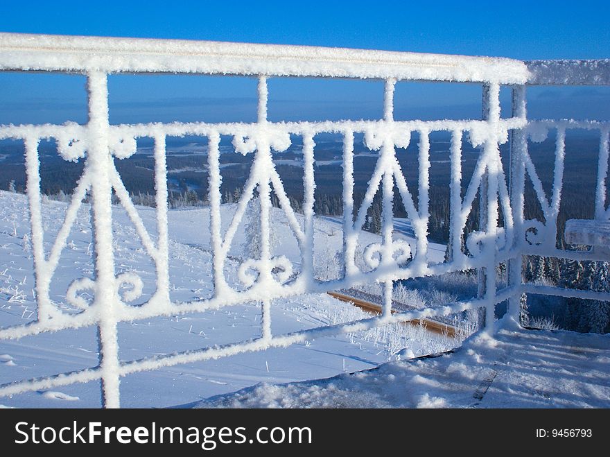 Stairway in hoarfrost, winter, Perm edge, Russia