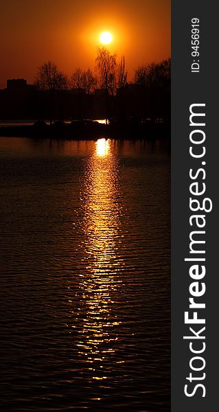 Sun over the trees reflected in the water. Sun over the trees reflected in the water