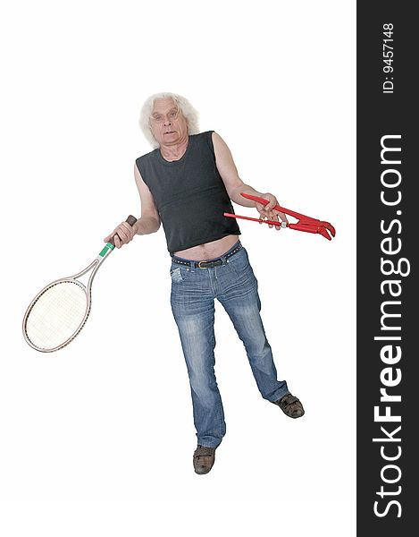 Older man in jeans holding a pliers and tennis racket. Older man in jeans holding a pliers and tennis racket