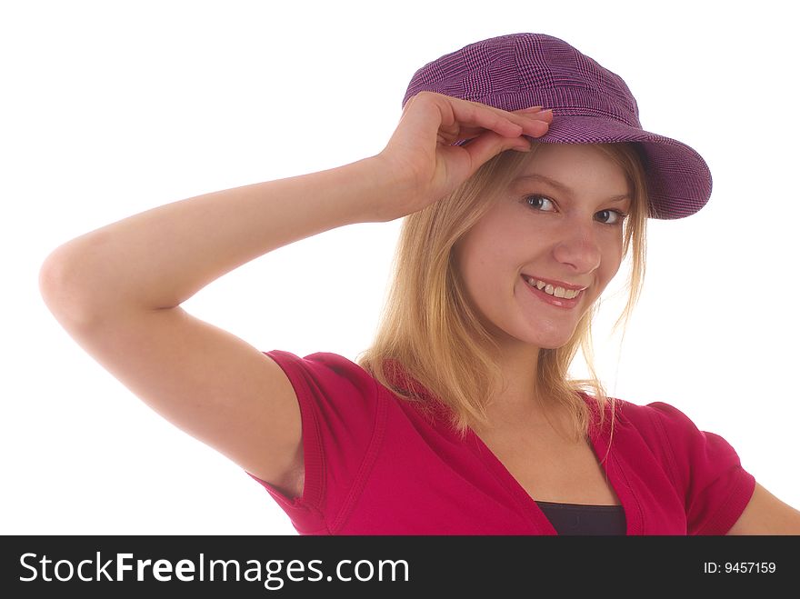 Smiling blond in crimson blouse and purple cap