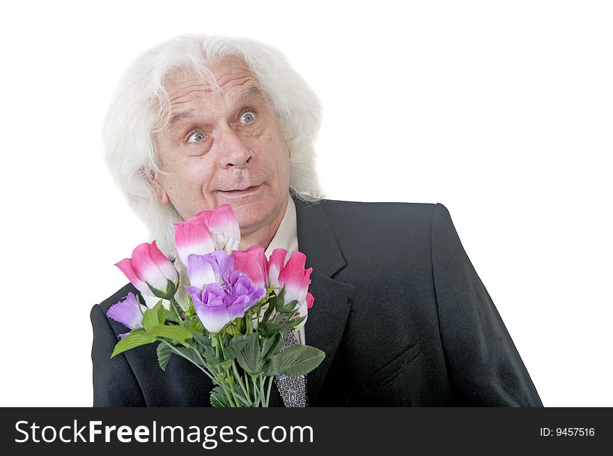 Older man courting with flowers