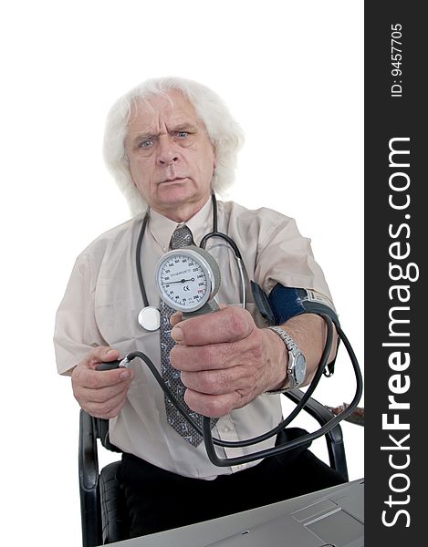 Older man checking his blood pressure
