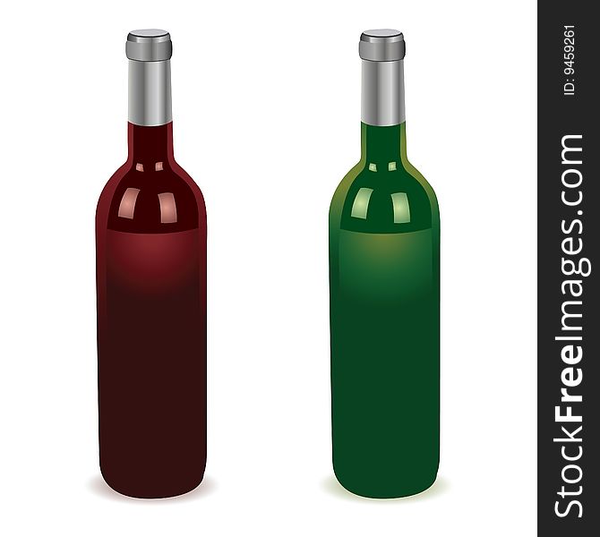 Bottles with white and red wine on a white background