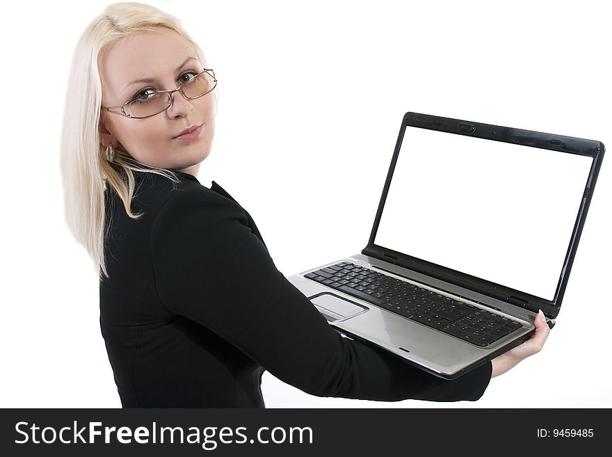 Business woman with laptop on white background