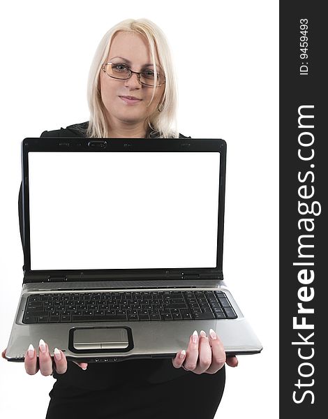 Business woman with laptop on white background