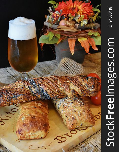 Closeup of beer and baguettes. Closeup of beer and baguettes.