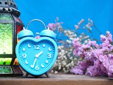 Vintage Alarn Clock On Wooden Background Stock Photos